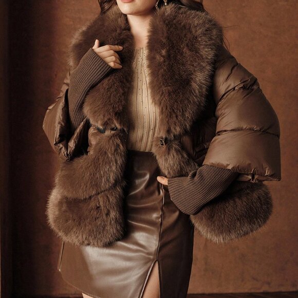 Brown Preppy Women's Plus Size Patchwork V-Neck Faux Fur Jacket - Picture 4 of 8